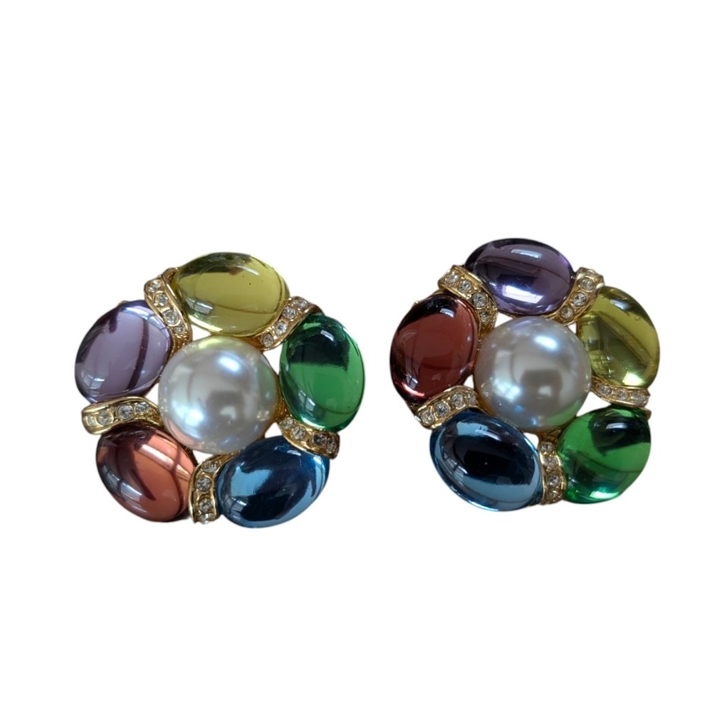 Vintage Park Lane Clip On Earrings Faux Pearl Multicolor Cabochon Rhinestone